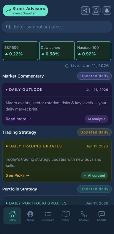 Stock Advisors app home screen showing live market indices, Market Commentary, Trading Strategy and Portfolio Strategy