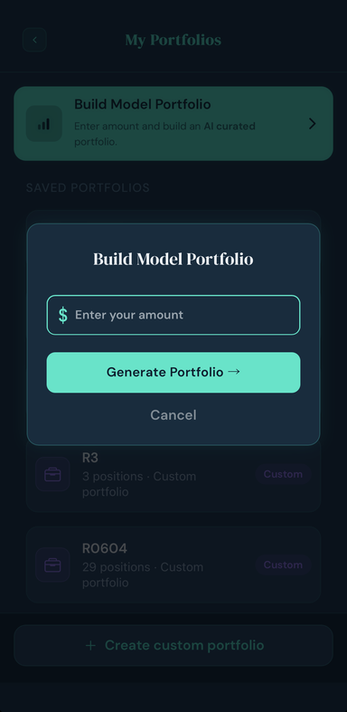 Build Model Portfolio — enter your amount
